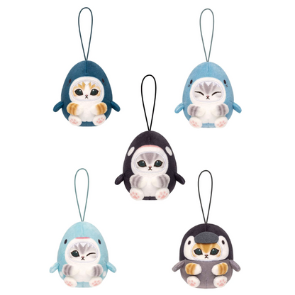 Set of five small plush animal keychains on a white background