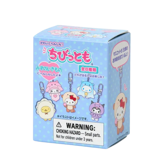 Box with Sanrio cartoon character aquatic sea costume keychains with a blue box on a white background