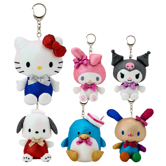 Set of colorful Sanrio plush keychains with various designs on a white background