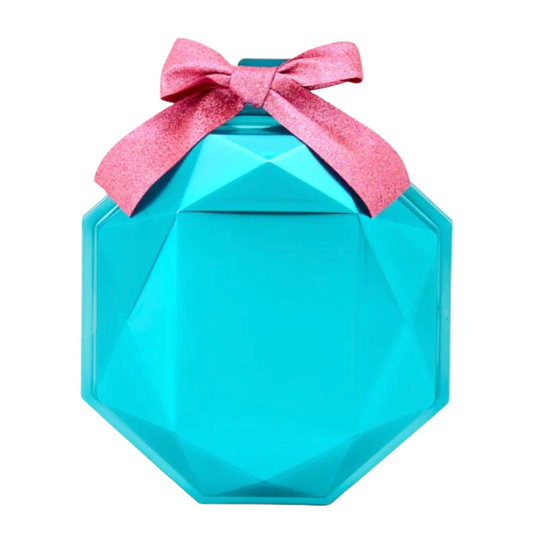 Turquoise diamond shaped packaging blind box with a pink bow on a white background