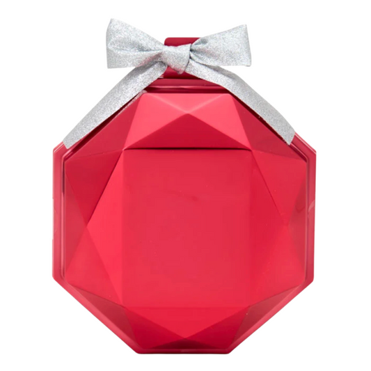 Red geometric-shaped gift box with a silver bow on a white background
