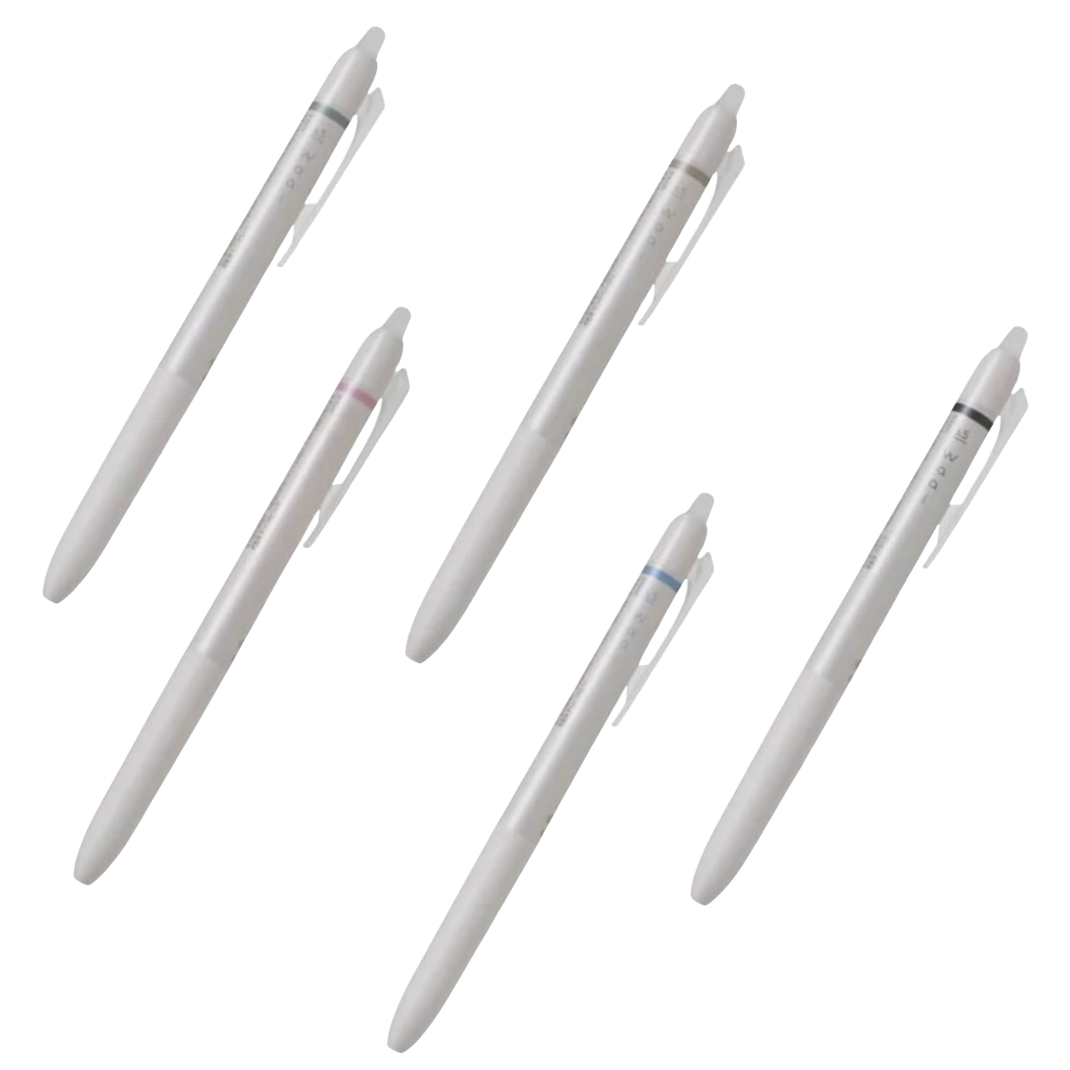 Five white pens with different colored clips on a white background