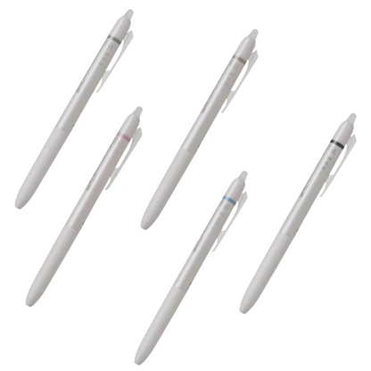 Five white pens with different colored clips on a white background