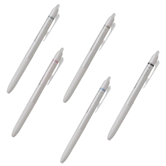 Five white pens with different colored clips on a white background