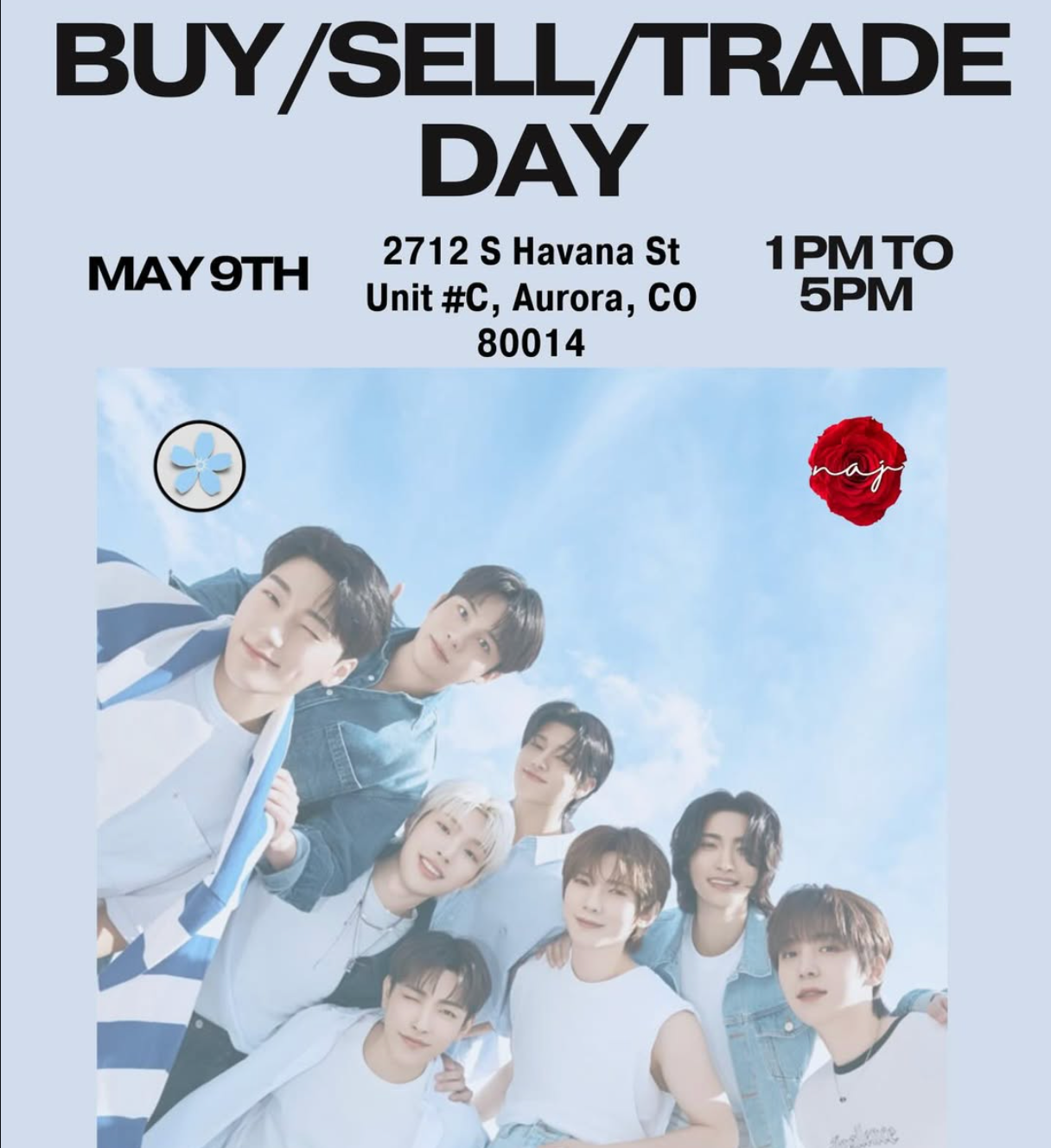 Promotional flyer for a 'Buy/Sell/Trade Day' event featuring a group of people with a blue and white color scheme.