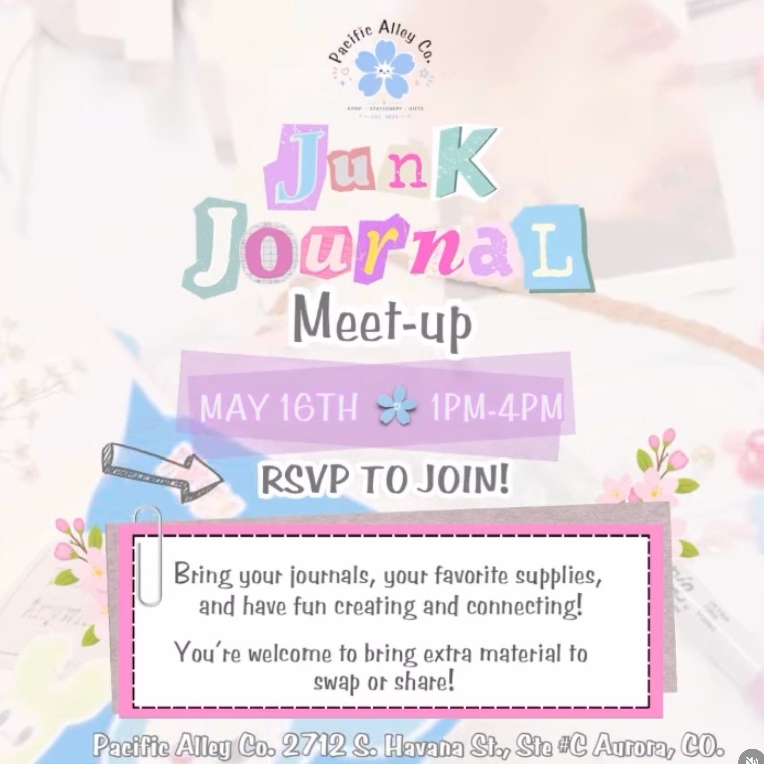 Promotional flyer to a 'Junk Journal' meet-up event with colorful text and decorative elements.
