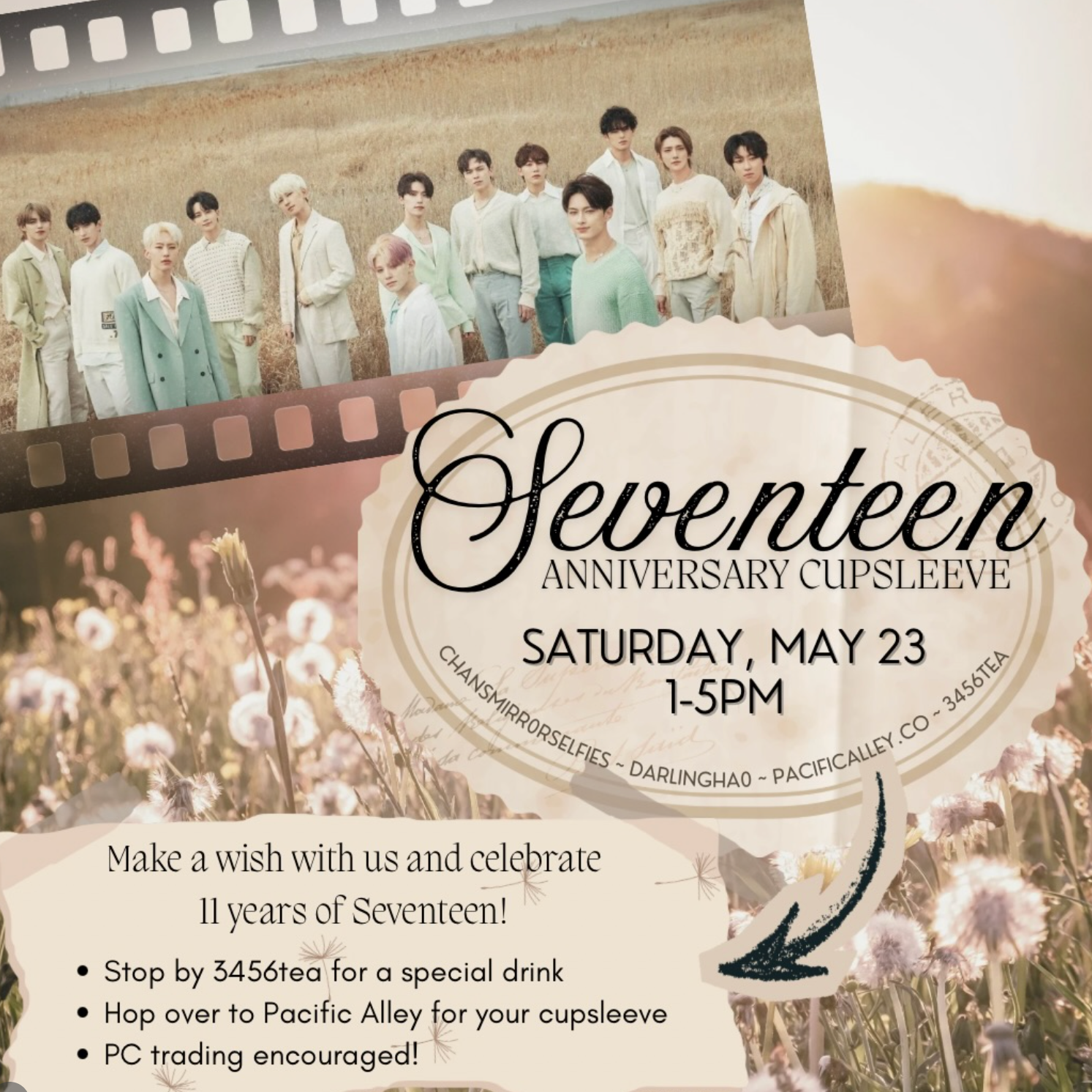Promotional flyer for a 'Seventeen Anniversary Cupsleeve' event featuring a group of people with a tan and white color scheme.