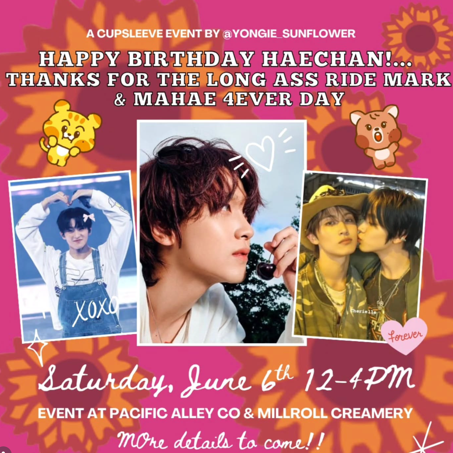 Promotional flyer for a 'Haechan & Mark Cupsleeve' event featuring a images of people with a pink and orange color scheme.