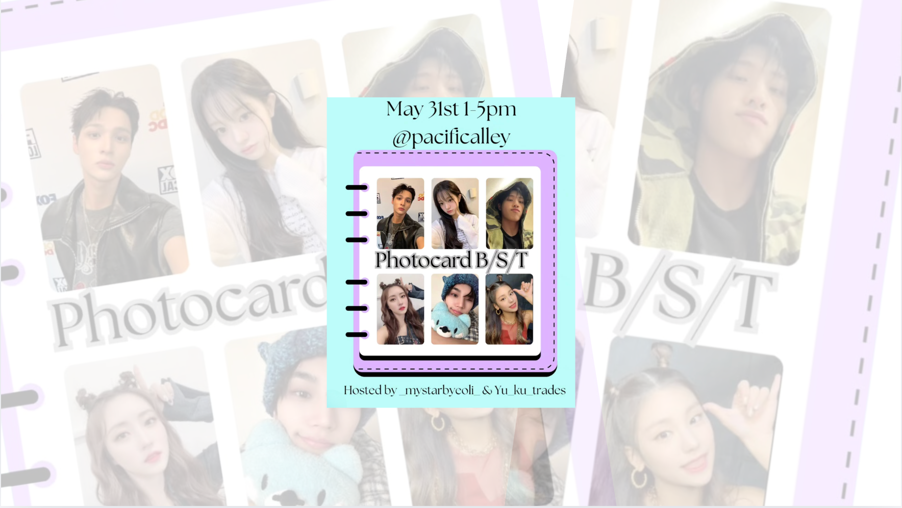 Promotional poster for a Photocard B/S/T event featuring a group of people with text overlay.