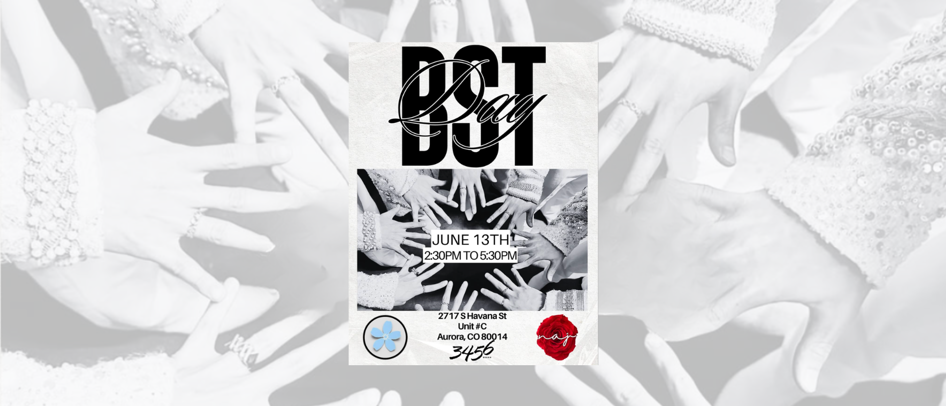 Black and white event flyer with text on a textured white background