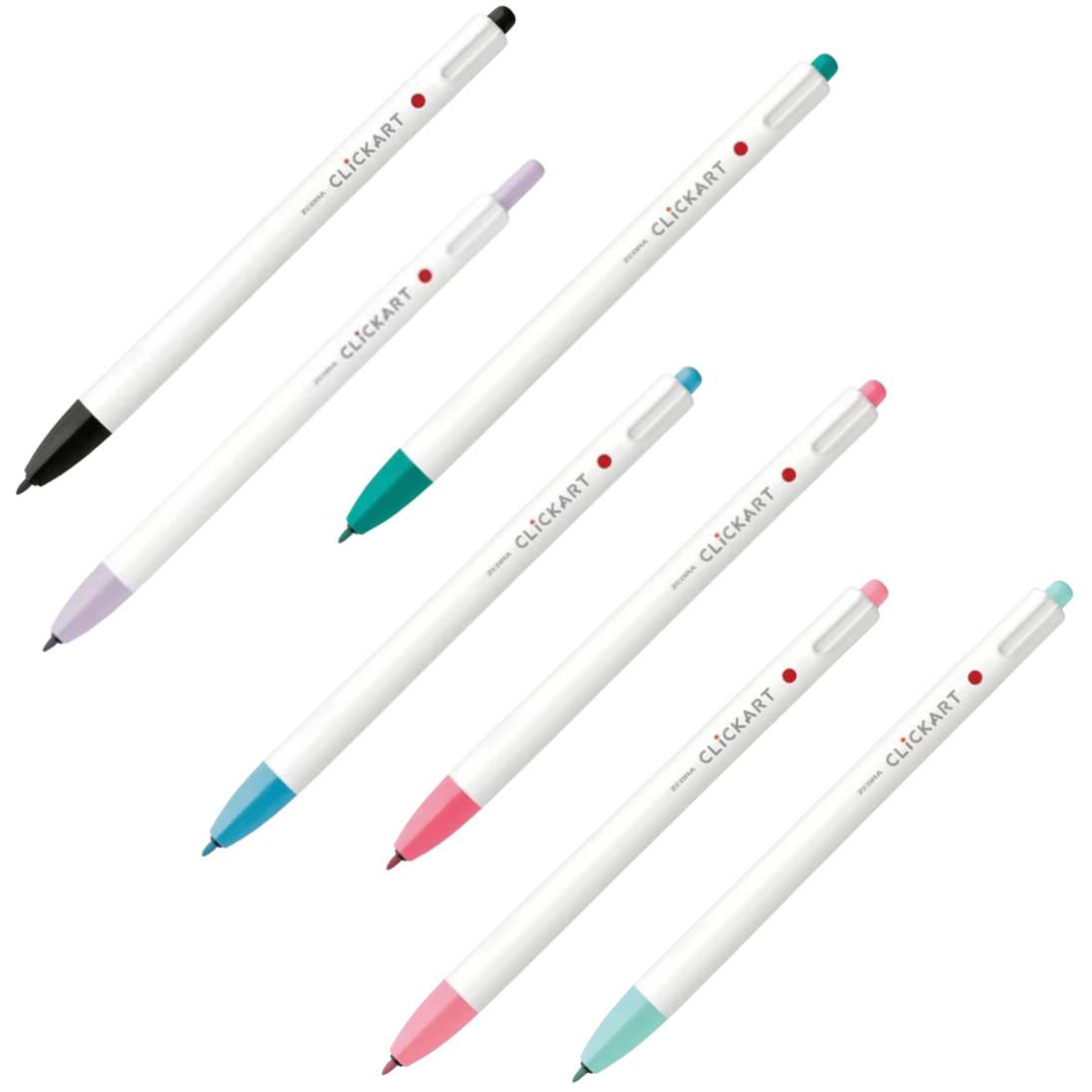 Set of white pens with colored tips on a white background