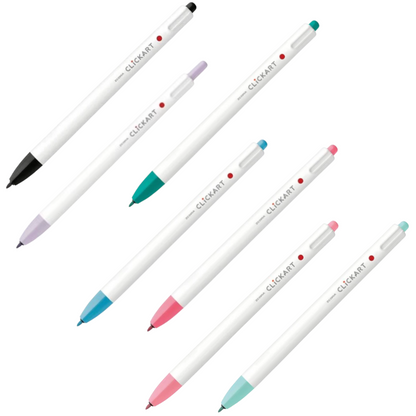 Set of white pens with colored tips on a white background