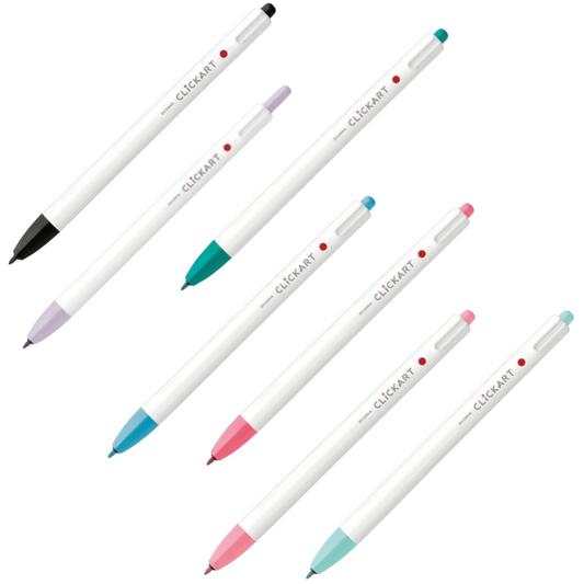 Set of white pens with colored tips on a white background