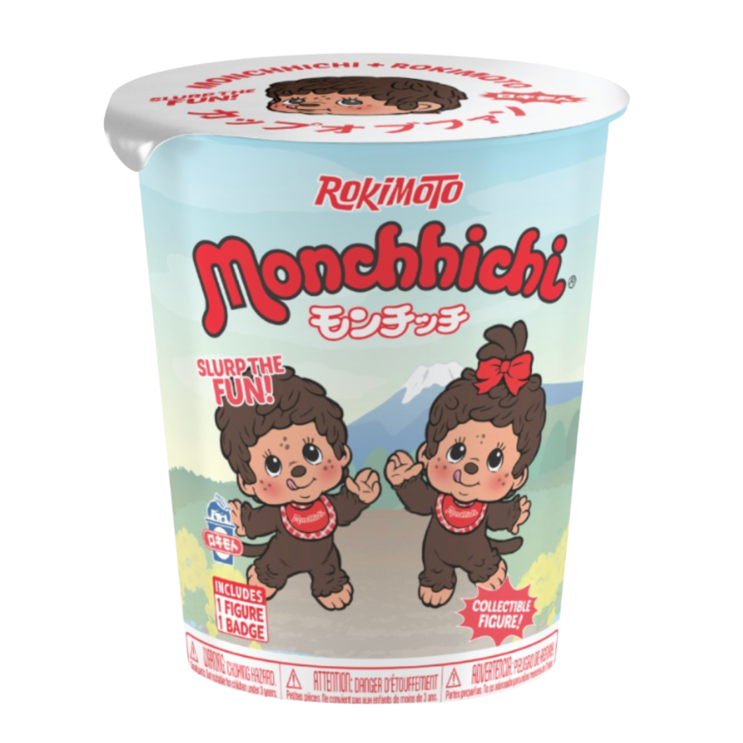 Rokimoto Monchhichi toy packaging with two cartoon characters on a mountain background