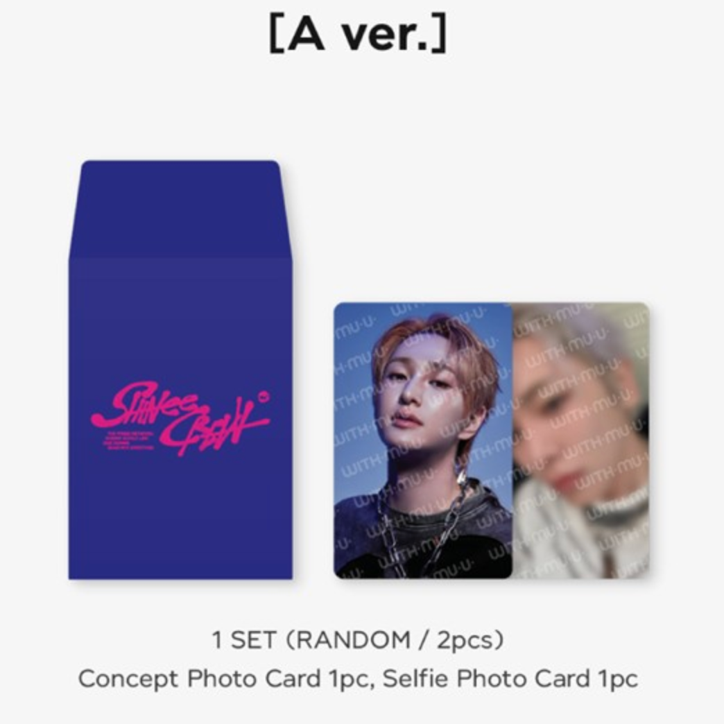 Blue packaging with 'Shinee' branding and two photo cards on a white background