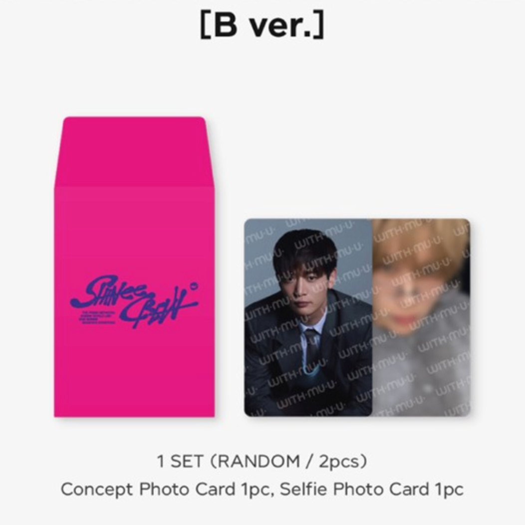 Pink envelope with 'Shinee' logo and two photo cards on a white background