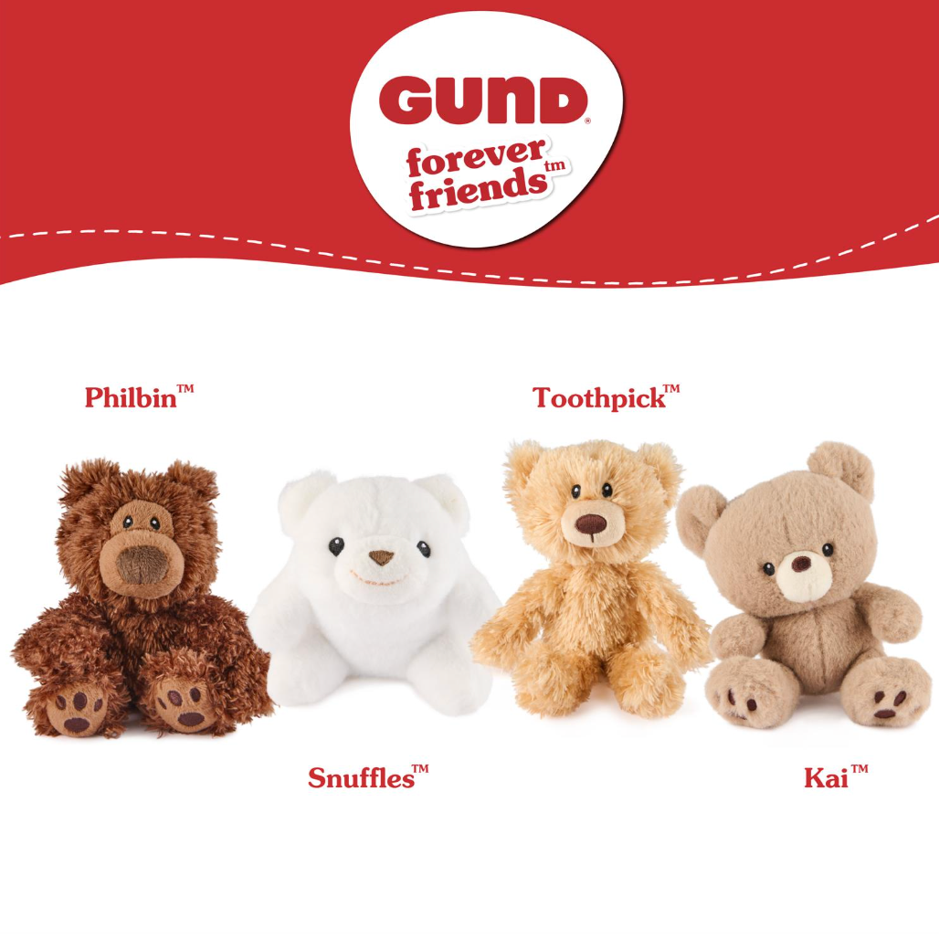Four Gund teddy bears lined up on a white background under a red header with the Gund forever friends logo. The bears are labeled Philbin, Toothpick, Snuffles, and Kai.