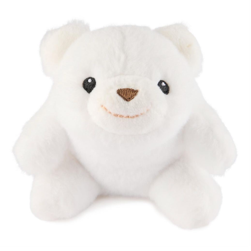 A small white plush teddy bear with black bead eyes, a brown stitched nose, and a peach-colored stitched smile, sitting against a plain white background.