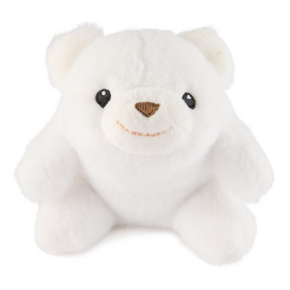 A small white plush teddy bear with black bead eyes, a brown stitched nose, and a peach-colored stitched smile, sitting against a plain white background.