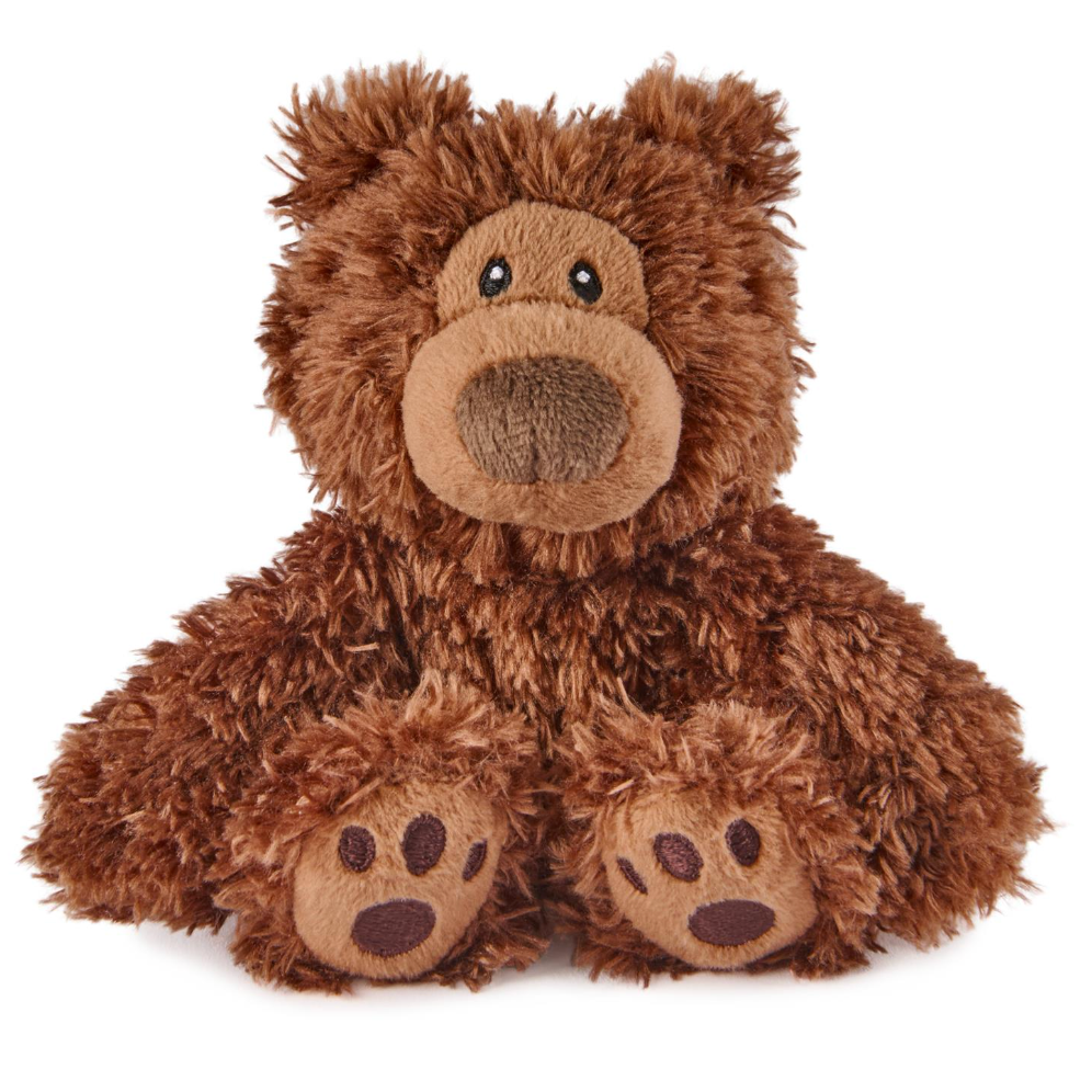 A brown plush teddy bear with a shaggy textured fur, a tan snout and paw pads, and small black eyes, sitting against a plain white background.