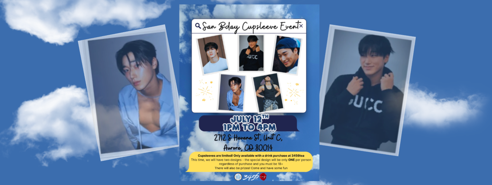 Event posters for 'San B-day Cupsleeve Event' and on a sky theme background