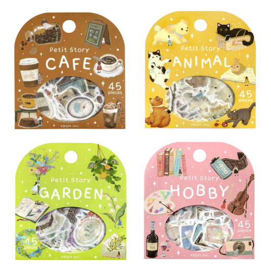 Four packaged sticker sheets arranged in a 2x2 grid on a white background. The packages are labeled Petit Story CAFE, Petit Story ANIMAL, Petit Story GARDEN, and Petit Story HOBBY, each with colorful illustrated covers and circular cutouts showing the sticker sheets inside.