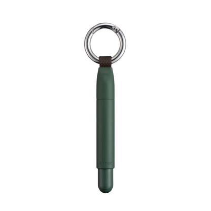 A dark green pen-style device with a silver metal key ring and a small dark brown loop, shown vertically on a plain white background.