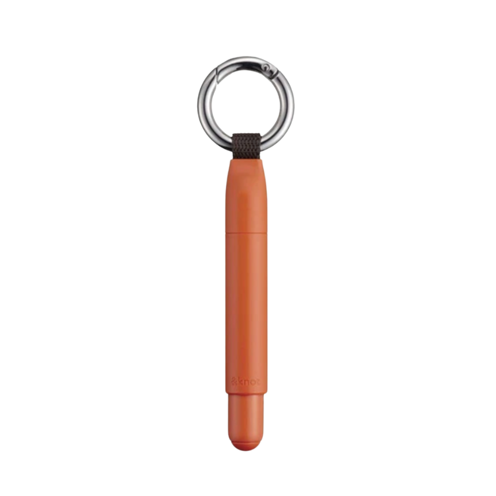 An orange cylindrical keychain tool with a silver metal carabiner and a dark brown elastic loop, shown on a plain white background.