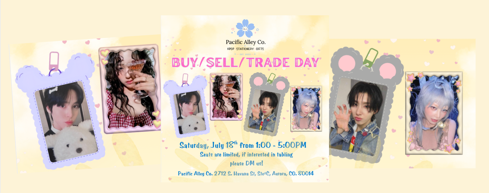 A promotional banner for 'Pacific Alley Co.' featuring multiple custom photo frames with cute character designs like bears, mice, and bunny ears, alongside text advertising a 'BUY/SELL/TRADE DAY' event.