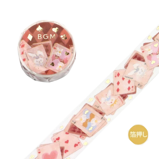 A roll of decorative washi tape with a white base and pink illustrated cards featuring cartoon animals, hearts, and diamonds, shown with its round container on a white background.