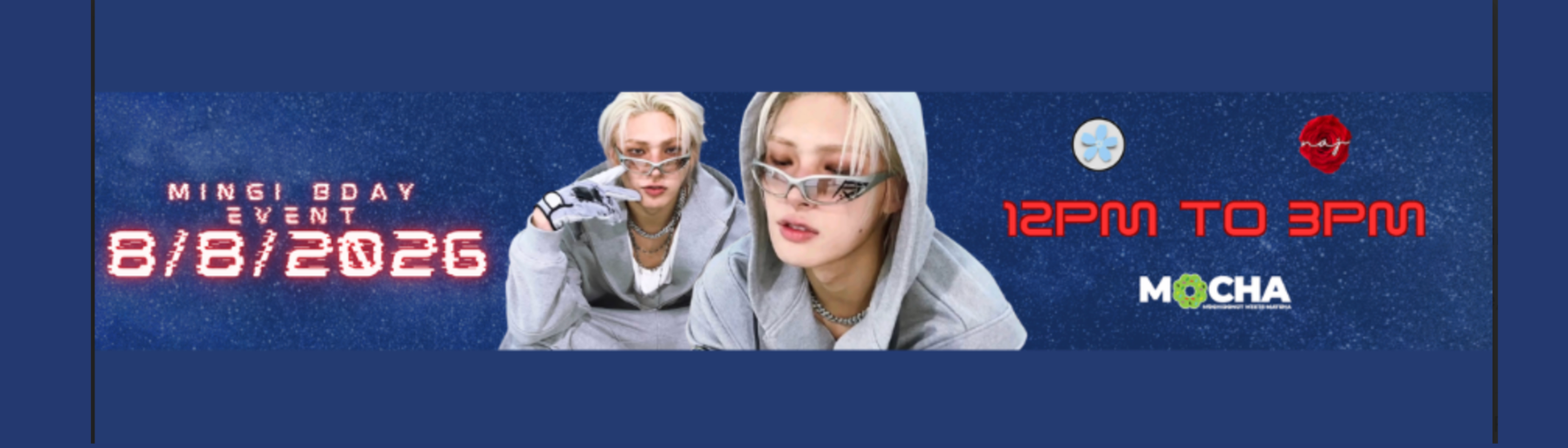 A promotional banner for a MINGI BOY DAY event on 8/8/2026, featuring two young men in casual streetwear, with event timings from 12PM to 3PM and the Mocha logo on a dark blue textured background.