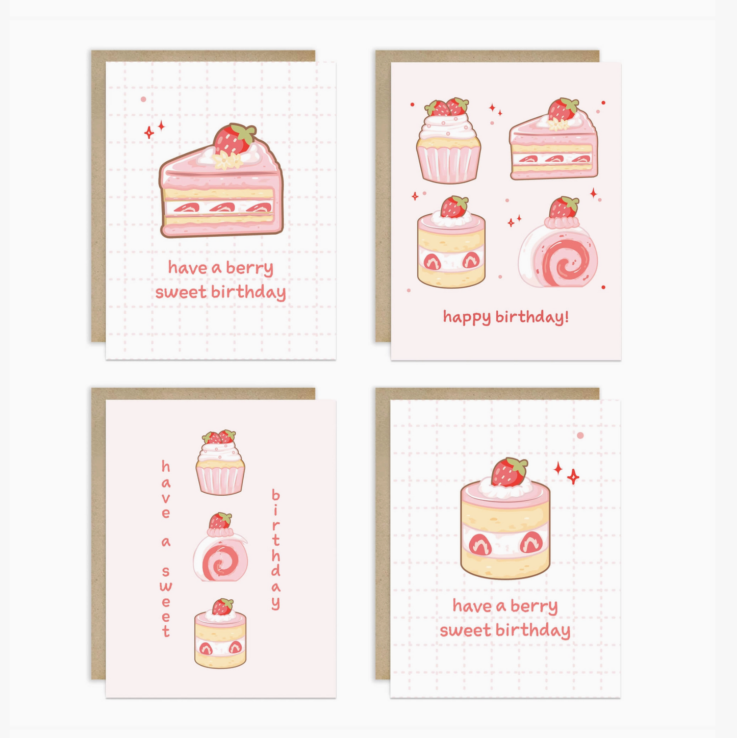 Four birthday greeting cards arranged in a 2x2 grid, each with a pastel dessert illustration and a kraft envelope behind it. The designs include a slice of cake with strawberries, cupcakes, a layered cake, and a swirl cake, with phrases like 'have a berry sweet birthday' and 'happy birthday!'.