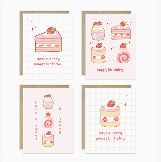 Four birthday greeting cards arranged in a 2x2 grid, each with a pastel dessert illustration and a kraft envelope behind it. The designs include a slice of cake with strawberries, cupcakes, a layered cake, and a swirl cake, with phrases like 'have a berry sweet birthday' and 'happy birthday!'.