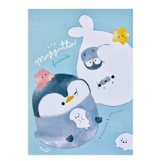 A memo pad with cartoon characters on a light blue background. The design includes a large white seal-like figure, a gray-and-white penguin, a small pink creature, and small ghost figures, with handwritten text reading 'mugyatto!' and 'friends'.