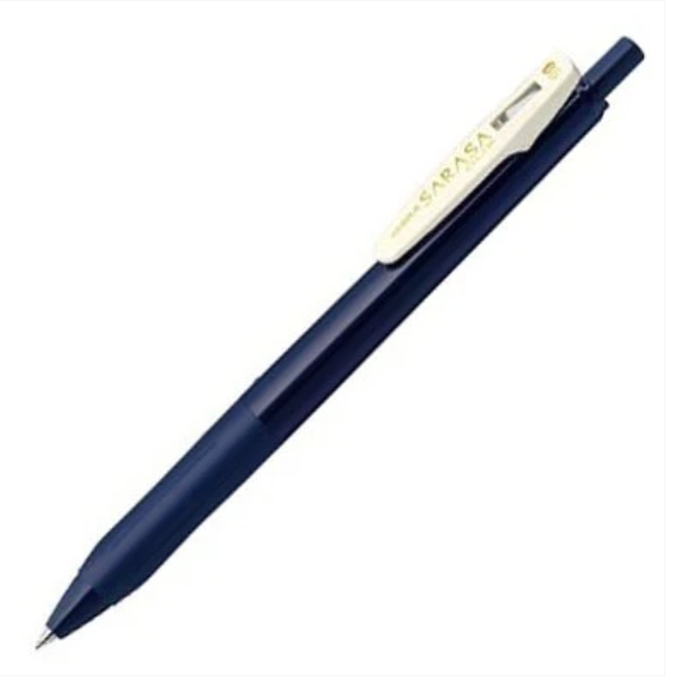 A dark navy blue retractable ballpoint pen with a cream-colored clip featuring the 'SARASA' brand name, shown diagonally on a white background.