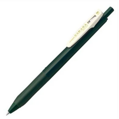 A dark green SARASA pen with a white clip and gold brand lettering, shown diagonally on a white background.