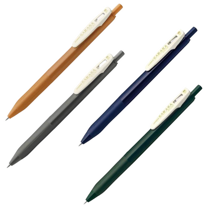 Four retractable gel pens in tan, gray, navy blue, and forest green, arranged diagonally on a plain white background. Each pen features a cream-colored clip with 'SARASA' printed on it.