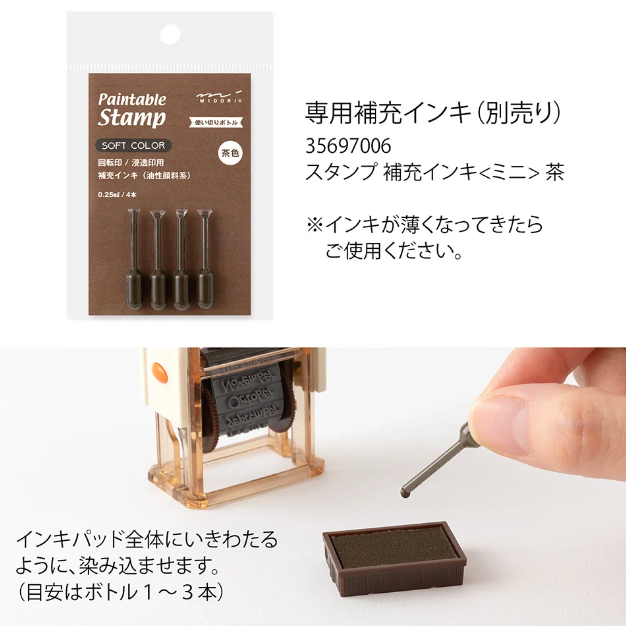 Paintable Stamp refill ink set with four refill tips in a brown carded package, shown alongside a demonstration photo of a hand using a refill tip on a stamp pad.