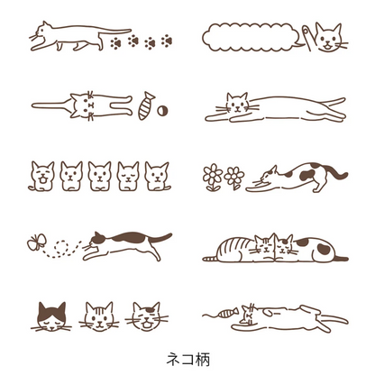 A sheet of small line drawings of cats in brown ink on a white background, arranged in a grid, with Japanese text below.