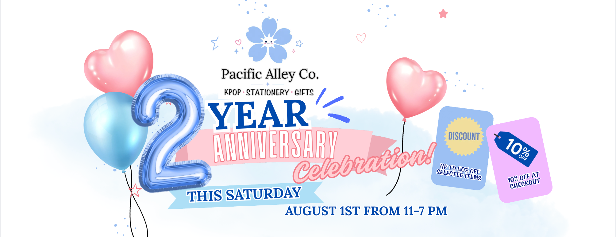 A promotional anniversary banner for Pacific Alley Co. stationery gifts, featuring a large blue '2' balloon, pink and blue heart balloons, and text celebrating a 2-year anniversary with discount codes.