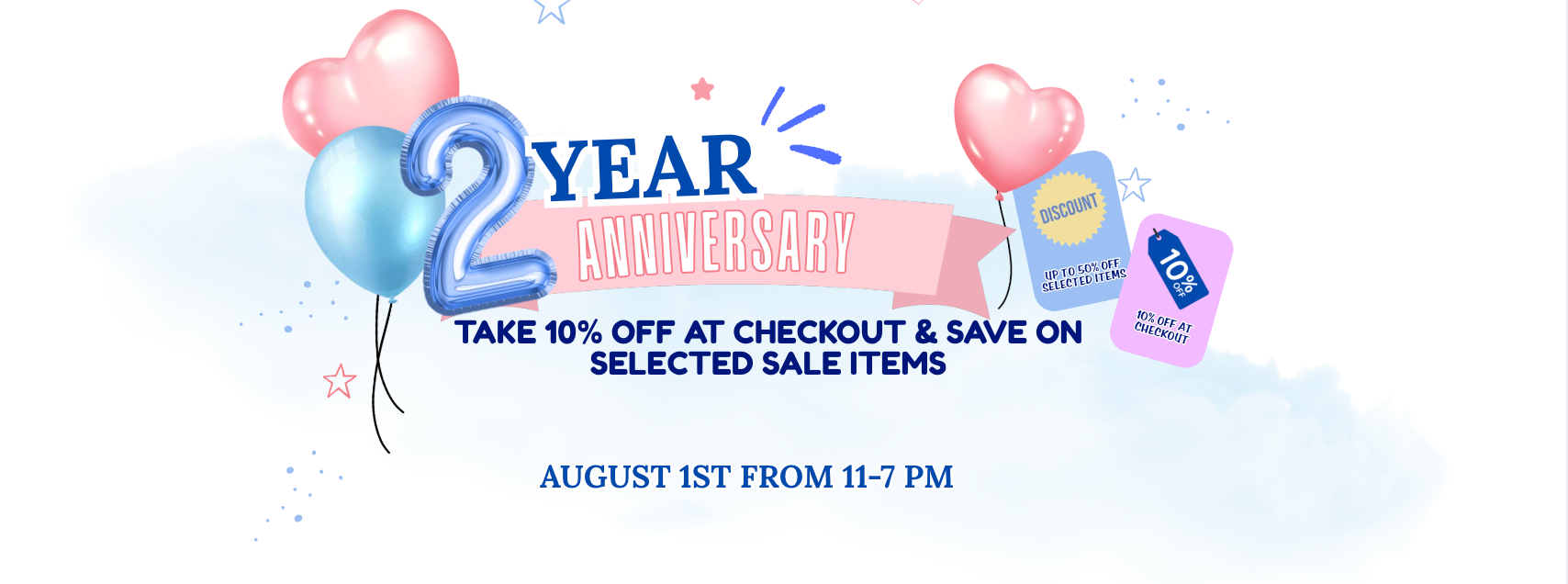 A promotional banner celebrating a 2 Year Anniversary with pink and blue balloons, sale text, and gift card graphics on a white background.