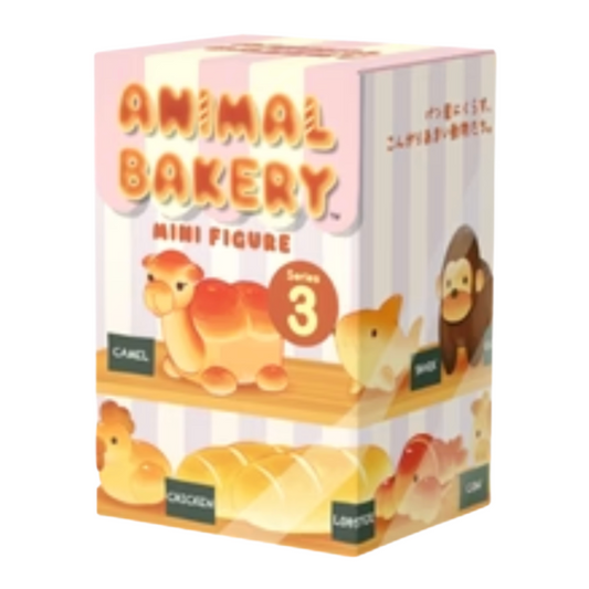 A boxed 'Animal Bakery Mini Figure' product shown on a plain white background. The package features pastel illustrations of baked goods and animals, including a camel, chicken, and monkey, with the text 'Animal Bakery Mini Figure' and 'Series 3'.