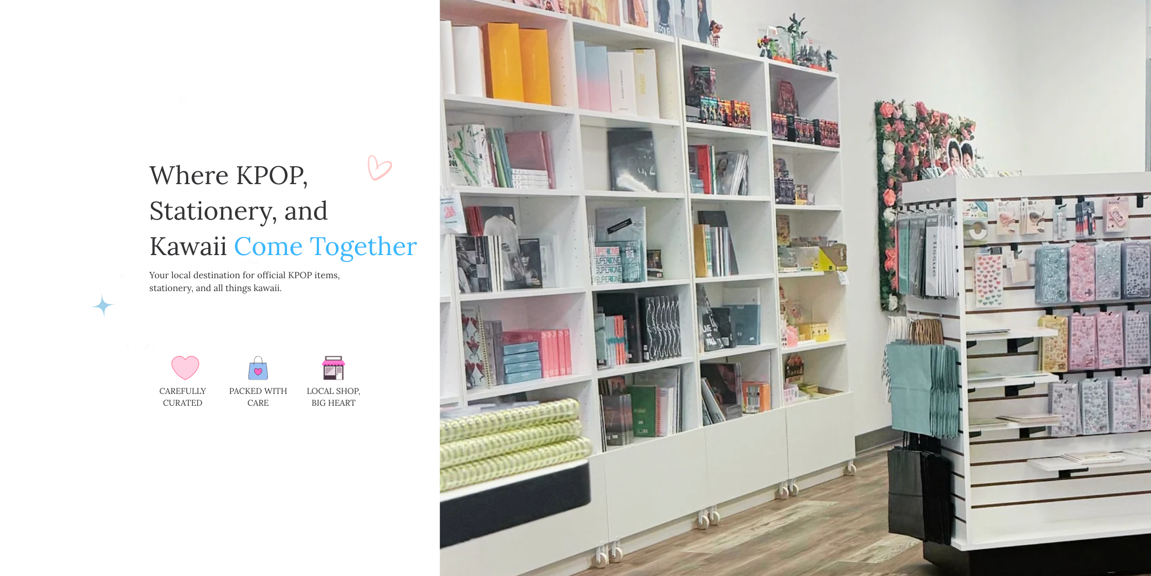 A retail interior scene with tall white shelving units filled with stationery, notebooks, and decorative items, alongside a clothing rack with patterned garments. Text on the left reads, 'Where KPOP, Stationery, and Kawaii Come Together,' with small icons for curated cards, packed with care, and gift bags.