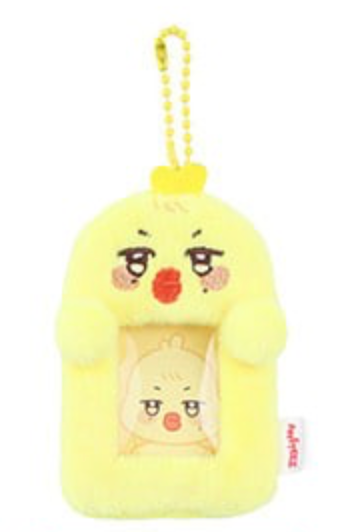 A yellow plush character keychain or phone pouch with a bead chain, featuring a cute cartoon face and a clear window showing a smaller matching plush inside.