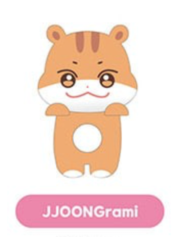 A cute cartoon hamster character with orange-brown fur, large eyes, and a pink mouth, centered on a white background with a pink rounded label below reading 'JJOONGrami'.