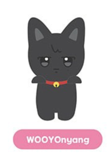 A cartoon black cat character with a red collar and yellow bell, centered on a white background with a pink rounded label below reading 'WOOYOnyang'.