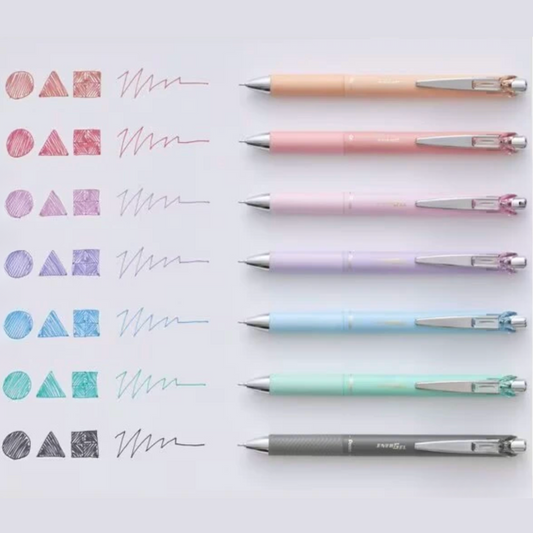 A set of ten pastel-colored mechanical pencils arranged vertically on a white background, next to matching ink swatches showing different colored scribbles and geometric marks.