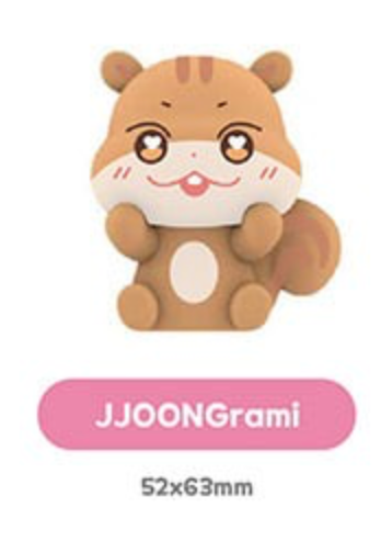 A cartoon hamster figurine in brown and cream with a pink belly, shown above a pink label reading 'JJOONGrami' and size '52x63mm' on a white background.
