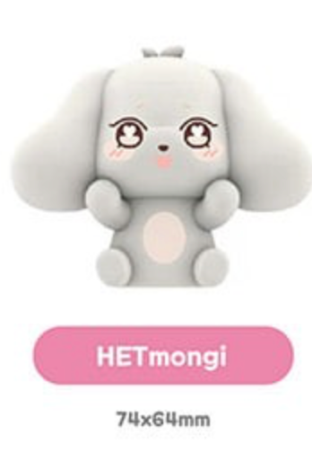 A cute light gray plush character toy with large floppy ears, big expressive eyes, and a pink belly patch, shown on a white background with a pink label reading 'HETmongi' and size text '74x64mm'.