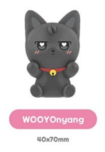 A dark gray cartoon cat figurine with a red collar and gold bell, shown on a white background with a pink label reading 'WOOOnyang' and size text '40x70mm'.